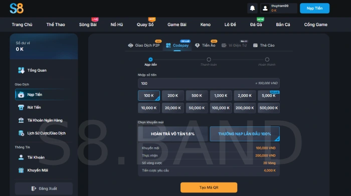 Nạp tiền S8 với nhiều phương thức thanh toán an toàn 1 Nạp tiền S8 qua code pay