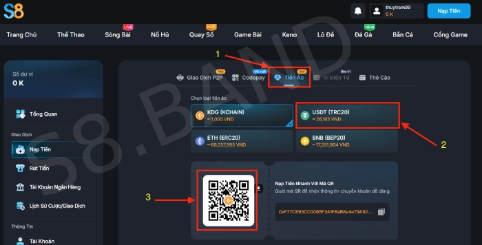 Nạp tiền S8 với nhiều phương thức thanh toán an toàn 4 Nạp tiền S8 qua tiền ảo (usdt)